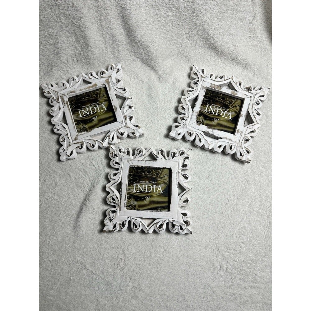 Set of 3 Handcrafted India Distressed White Wood 4x4 Picture Frames Shabby Chic
